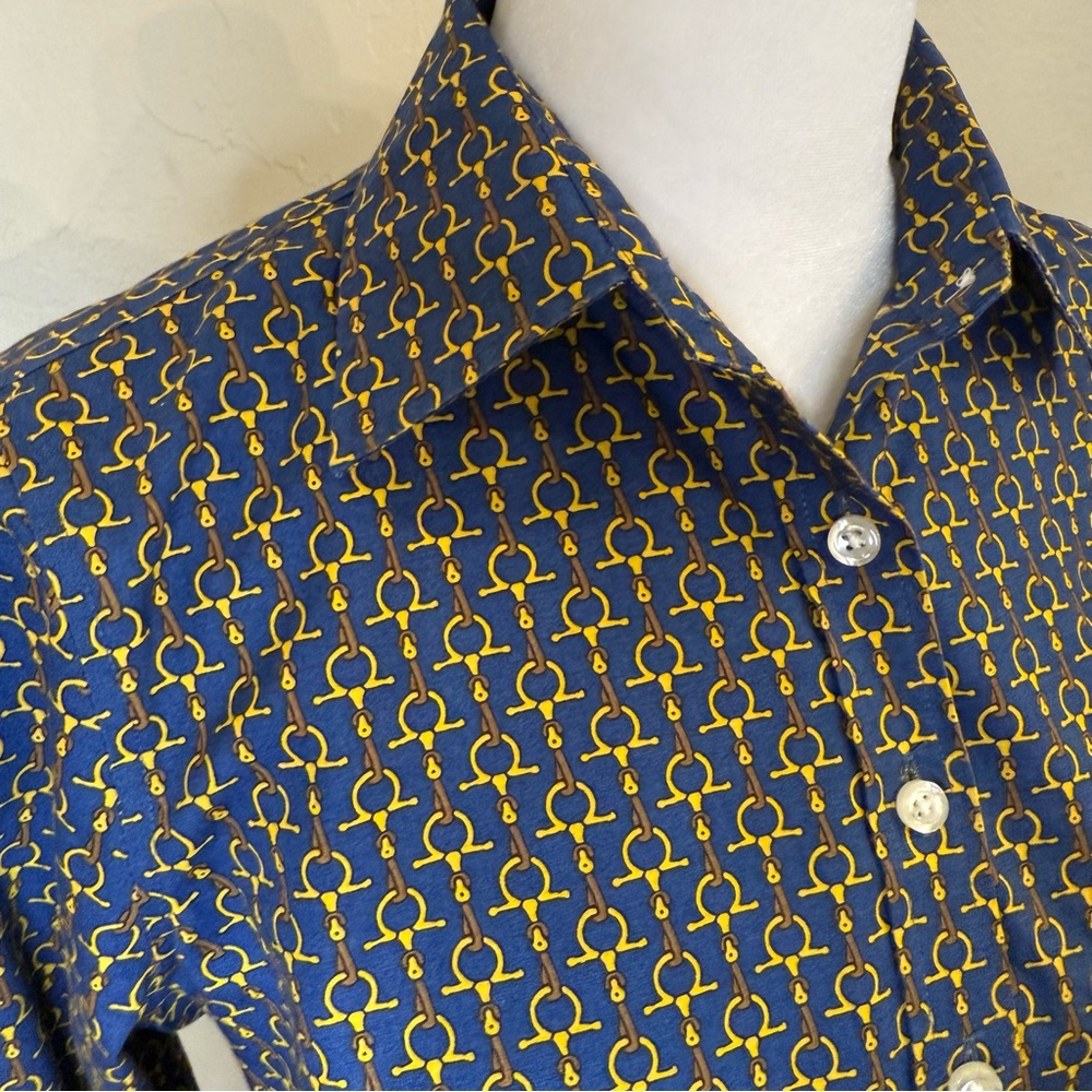 Lands End 6P blue All Over Stirrup Print Blouse Womens Equestrian Horse